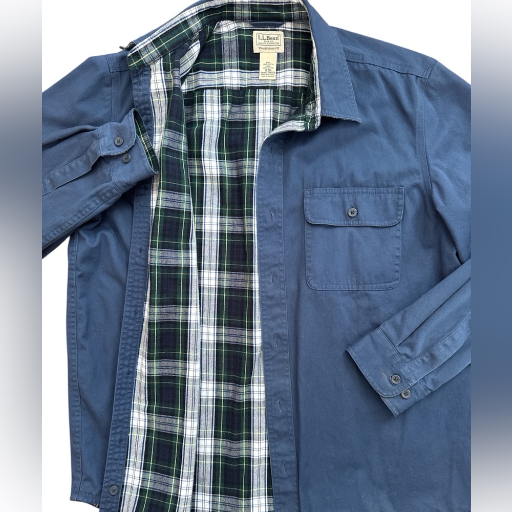 L.L. Bean Shacket Flannel Lined Men’s Navy Blue‎ Button Up Size Medium Outdoors